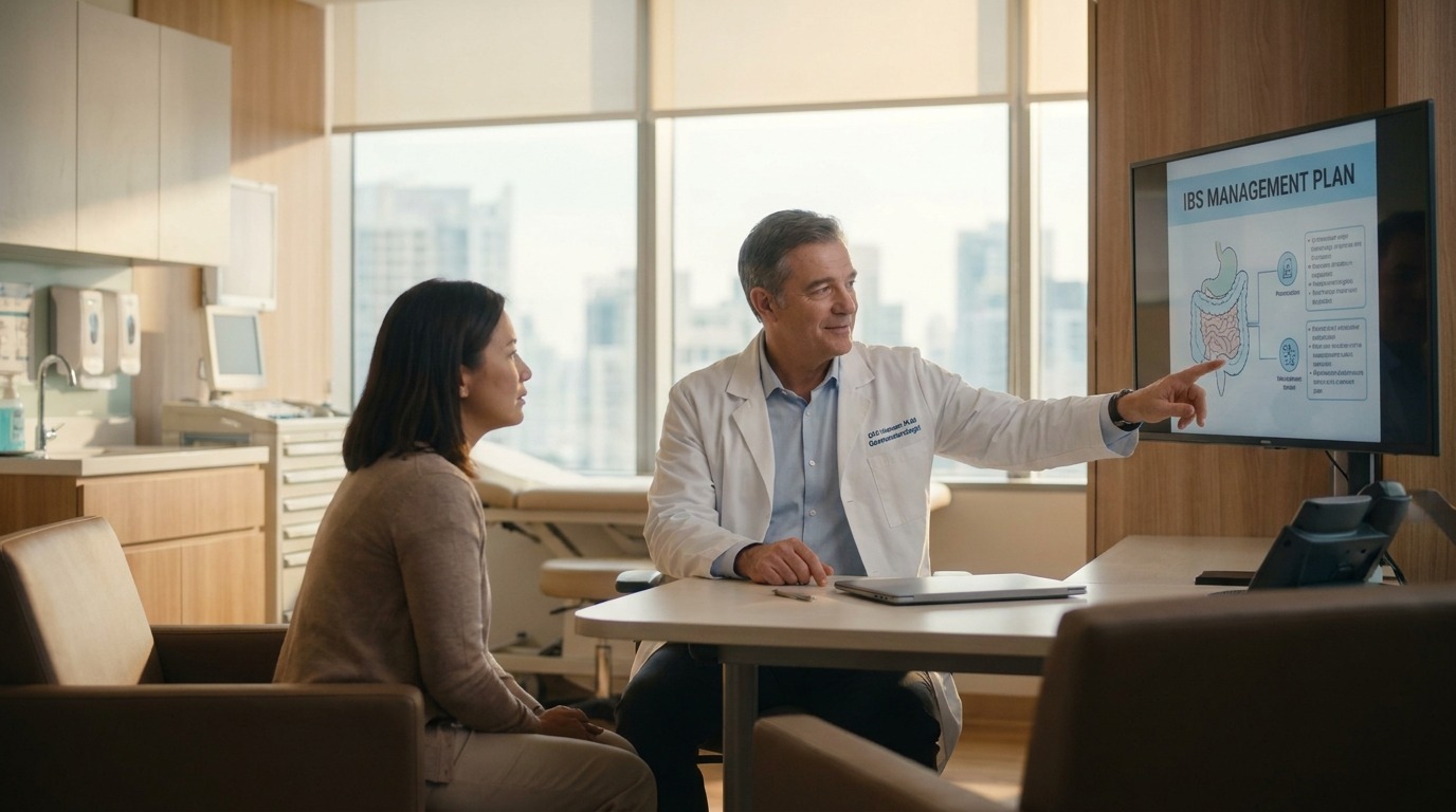 A board-certified IBS gastroenterologist in South Houston discussing a personalized long-term clinical care plan with a patient.