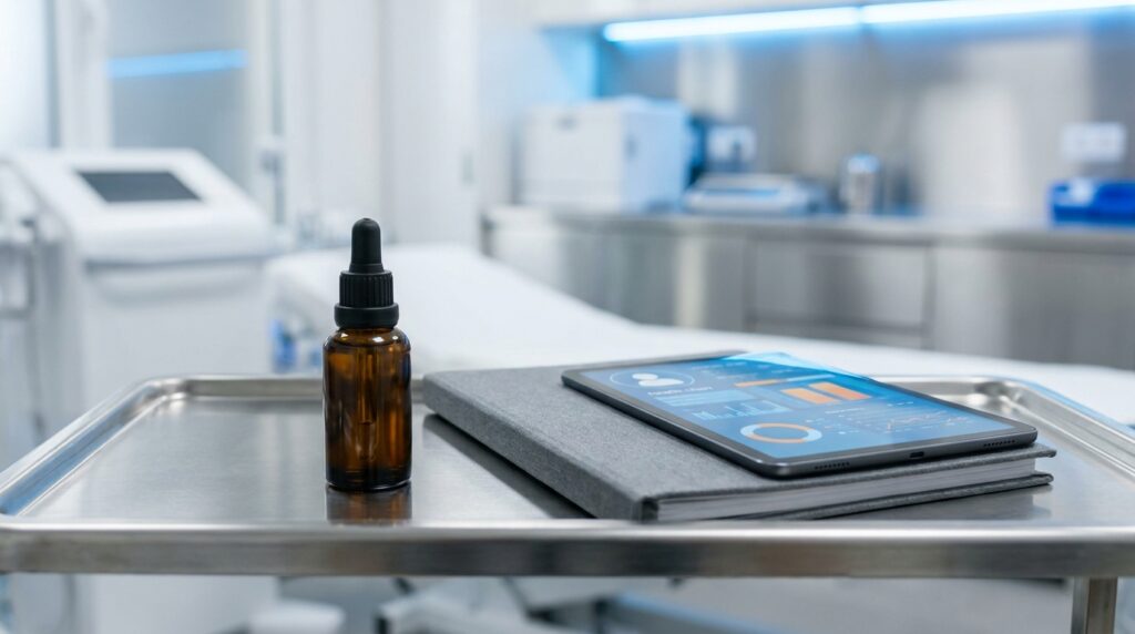 Professional medical folder and clinical charts detailing prescription care pathways for targeted IBS symptom relief.