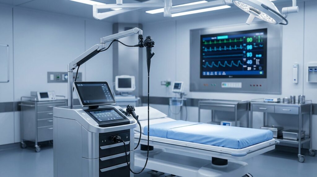 Advanced, state-of-the-art endoscopic medical equipment prepared for a colonoscopy screening patient consultation near Lake Jackson.