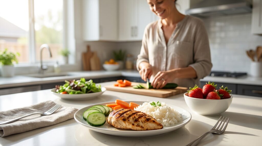 Fresh whole foods laid out for a custom low-FODMAP diet plan overseen by an IBS specialist in Pearland TX.