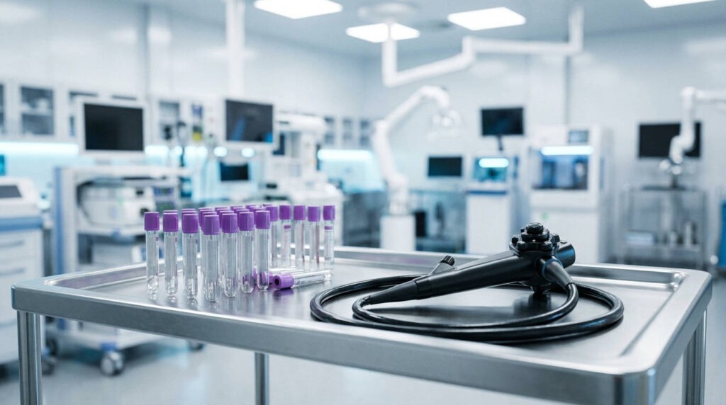 Clinical blood sample vials and endoscopy equipment ready for diagnostic evaluation by a celiac disease doctor in Houston.