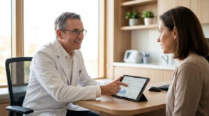 A compassionate male celiac disease gastroenterologist in South Houston consulting with a patient in a modern medical clinic.