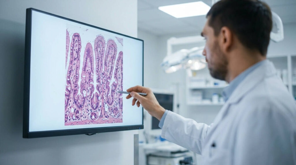 A male celiac testing specialist in Lake Jackson explaining internal intestinal anatomy on a medical screen.