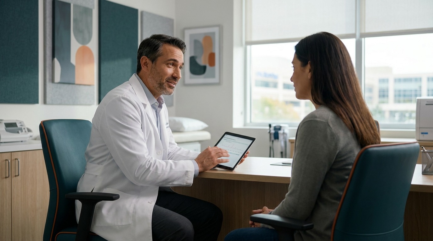 A professional colonoscopy doctor in Houston evaluating colorectal cancer risk factors during a patient consultation at a brand-aligned clinic.