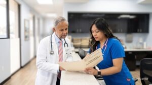A board-certified gastroenterologist and clinical nurse reviewing preventive colorectal cancer screening age guidelines inside a modern hospital consultation room.