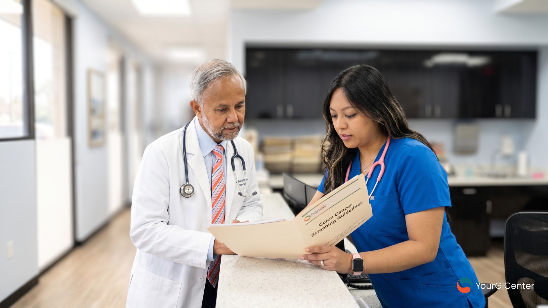 A board-certified gastroenterologist and clinical nurse reviewing preventive colorectal cancer screening age guidelines inside a modern hospital consultation room.