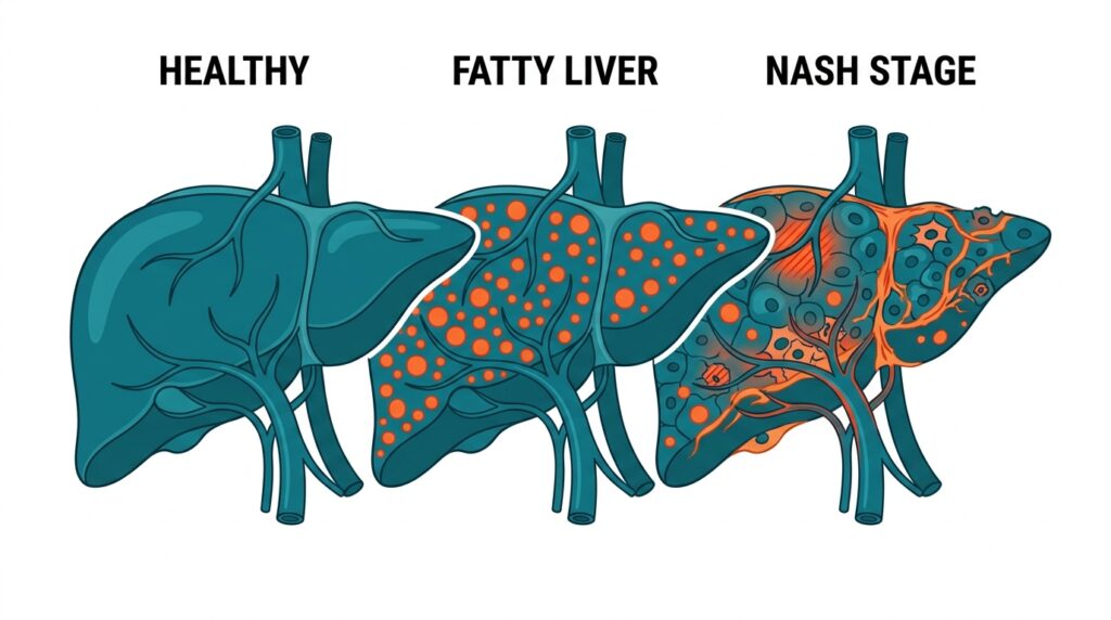 An educational 2D medical graphic labeling healthy, fatty liver, and advanced NASH stages to support the Digestive health Clear Lake TX roadmap provided by an expert Gastroenterologist Friendswood TX.