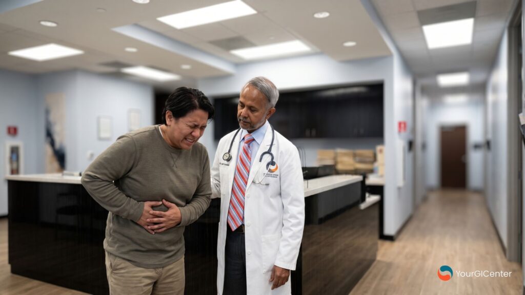 A compassionate best gastroenterologist pearland evaluating a patient experiencing sudden stomach ache discomfort down a clinic hallway near a premier care office serving gastroenterologist near webster tx clients.