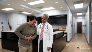 A compassionate best gastroenterologist pearland evaluating a patient experiencing sudden stomach ache discomfort down a clinic hallway near a premier care office serving gastroenterologist near webster tx clients.
