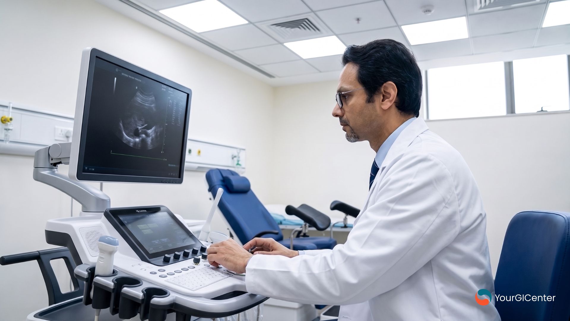 An experienced specialist performing a diagnostic ultrasound evaluation for a patient under the care of the best gastroenterologist pearland has to offer for those seeking a premier gastroenterologist near webster tx.
