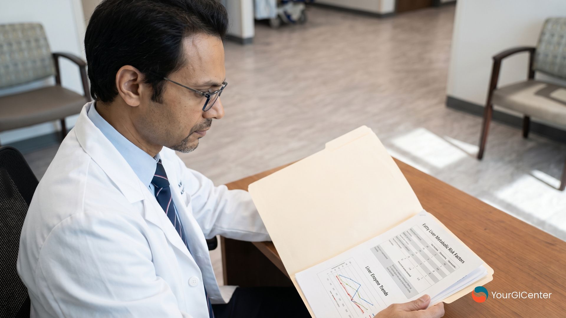 Dr. U. Siddiqui reviewing metabolic risk profiles for fatty liver disease during a specialized clinical consultation with an experienced best gastroenterologist pearland serving patients as a premier gastroenterologist near webster tx.