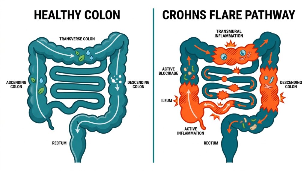 A medical graphic explaining chronic Crohn's disease treatment Pearland pathways by comparing colon baseline tracking with active inflammatory skip lesions