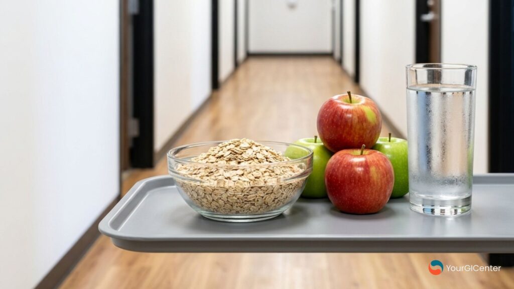 High-fiber whole foods and clean hydration representing essential lifestyle remedies to secure digestive health clear lake tx overseen by an expert gastroenterologist friendswood tx.