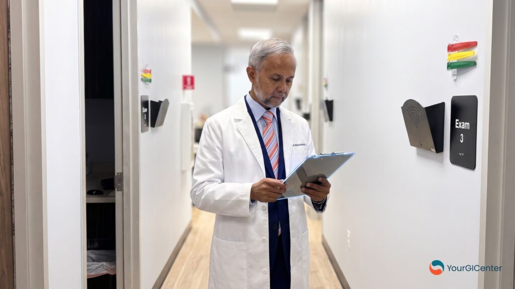 Board-certified gastroenterologist Dr. Nizam Meah at Your GI Center reviewing clinical research documents in a modern South Houston facility.