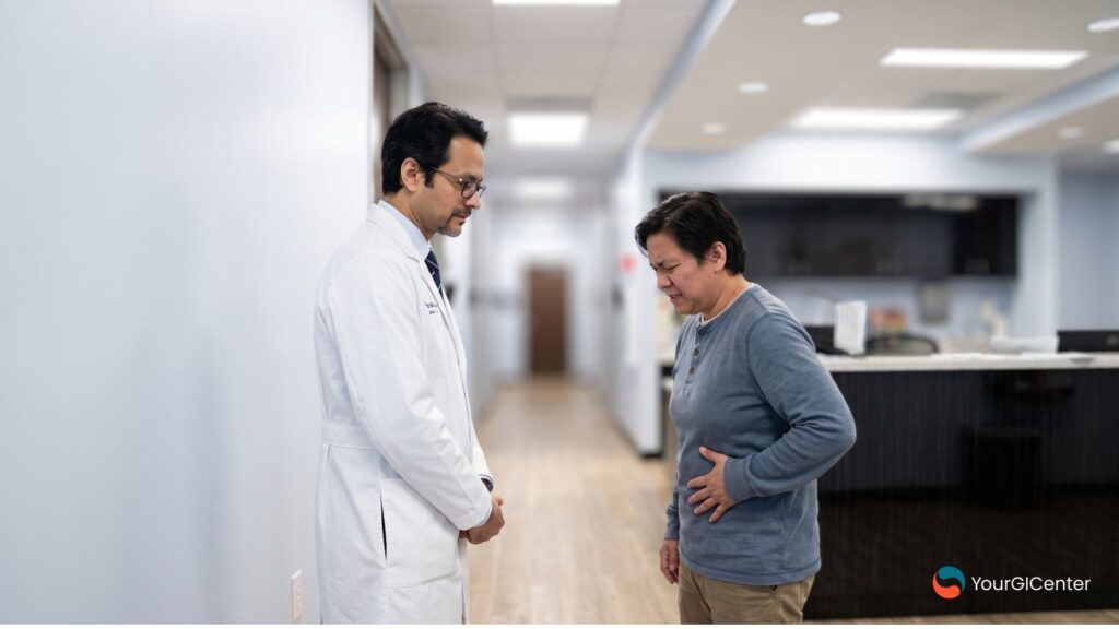 A compassionate gastroenterologist pearland texas evaluating a patient experiencing acute lower left abdominal pain down a clinic hallway corridor for an expert gi doctor pearland checkup.