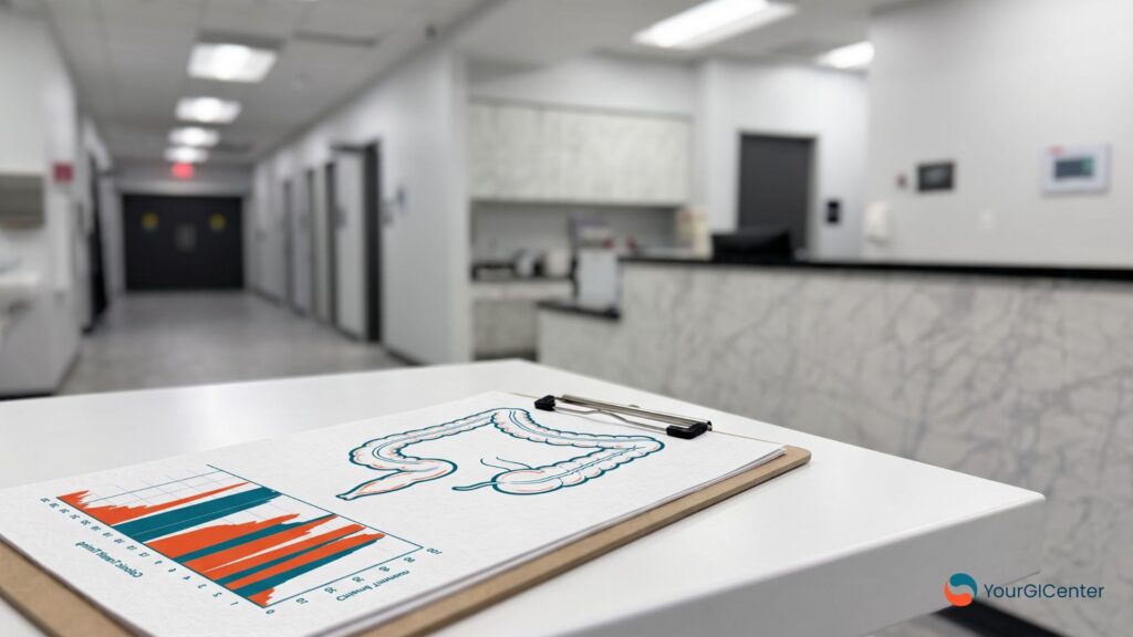 A close-up of printed colonic transit records and gut motility graphs utilized by a gi specialist pearland to determine if a patient needs an advanced treatment pathway or a diagnostic colon cancer screening pearland appointment.