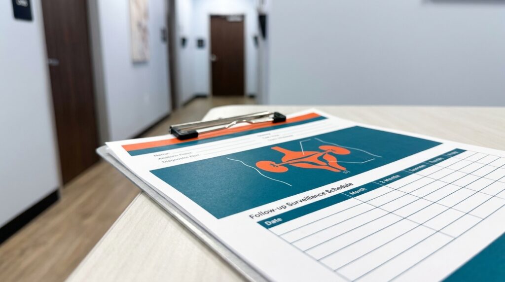 A close-up of printed post-episode surveillance records and diagnostic tracking charts utilized by an experienced gi specialist pearland to determine if a patient needs an advanced ercp procedure pearland tx or long-term management plan.