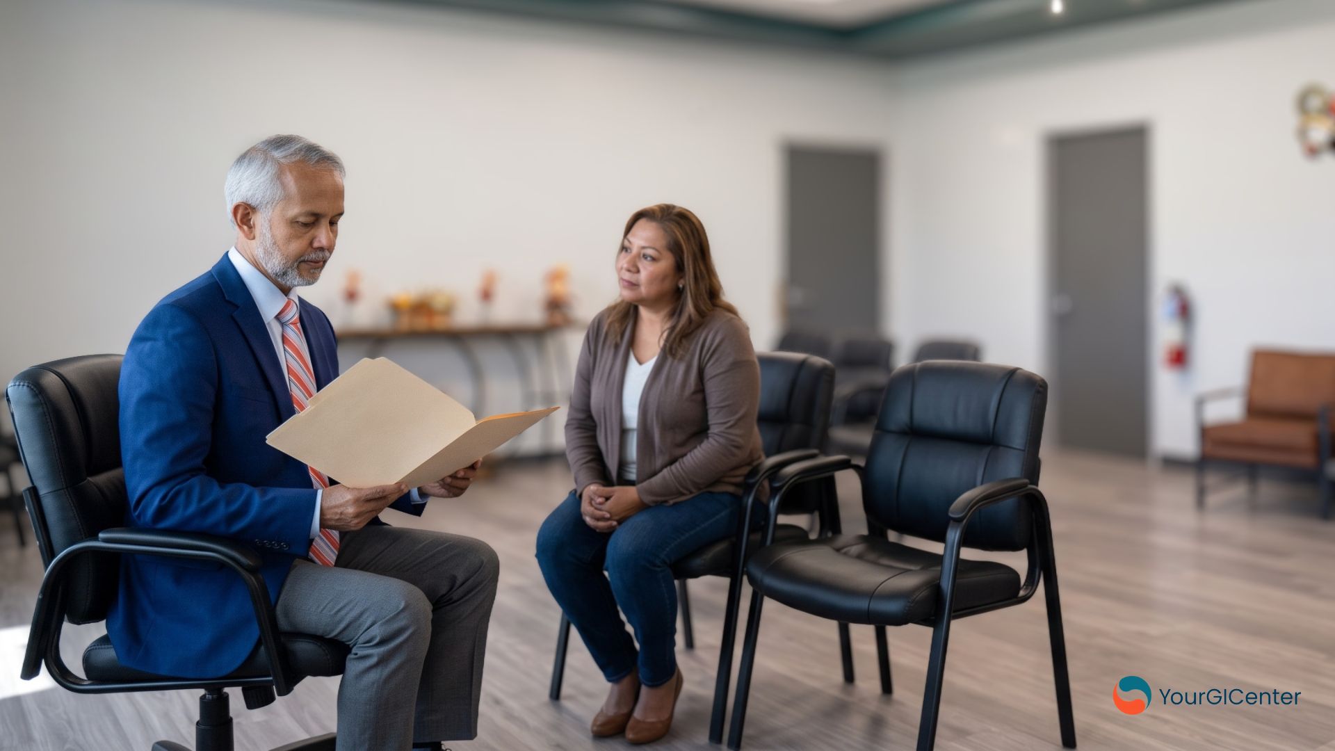 A specialist providing hemorrhoid banding Houston clinical evaluations while explaining non-surgical treatment options to an adult patient.