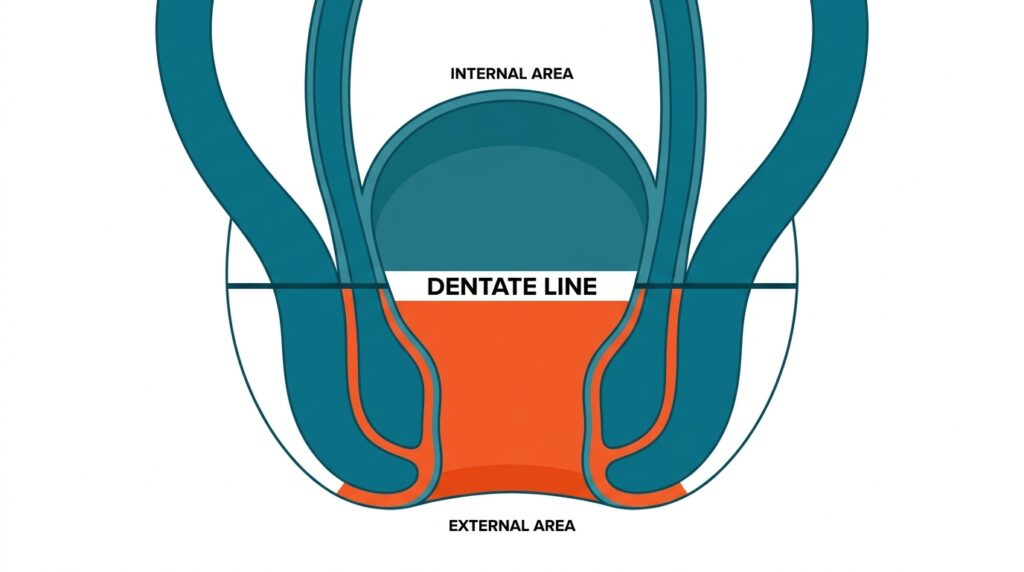An educational 2D medical graphic detailing internal and external vascular zones to assist a patient consulting with a specialized hemorrhoid doctor pearland tx or an experienced gi specialist pearland.