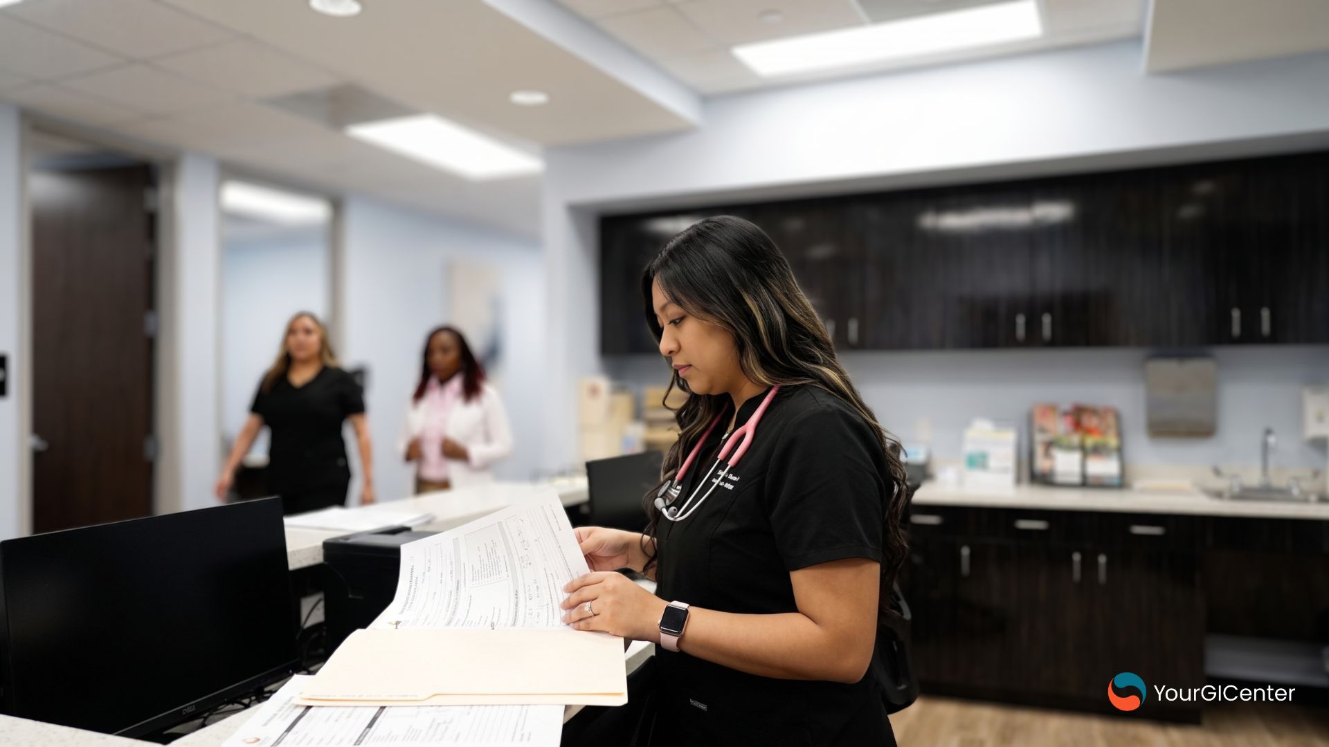 A supportive clinical nurse managing patient check-in charts at a reception desk for an experienced hemorrhoids specialist south houston providing advanced hemorrhoid treatment houston tx.