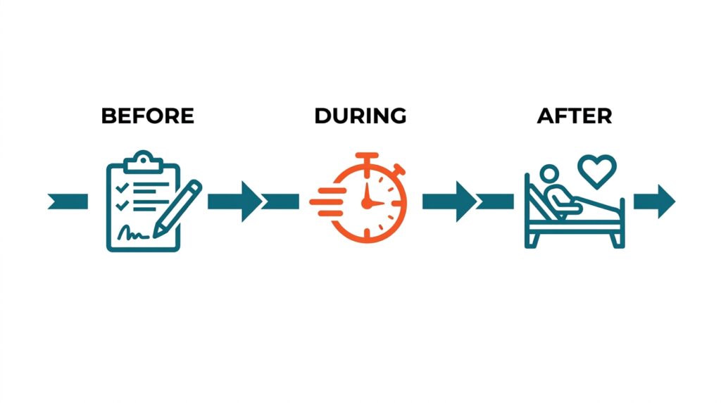 A minimalist 2D medical graphic detailing the rubber band ligation Pearland TX step-by-step procedure from preparation through immediate recovery.