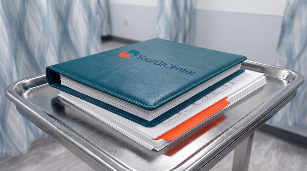 Official clinical trial protocol files and data integrity binders laid out inside a brand-aligned GI medical facility.